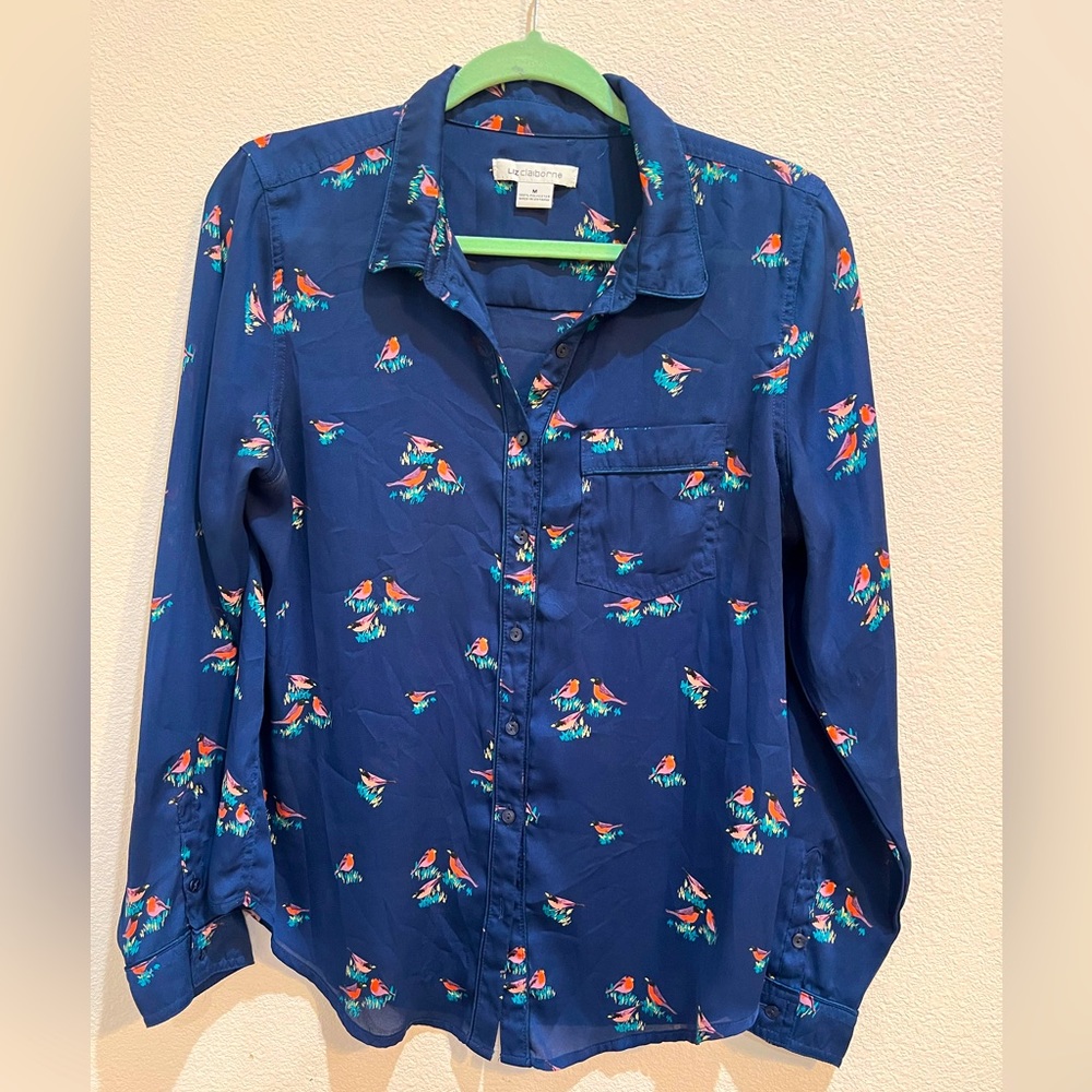 Liz Claiborne Little Birds Blouse in Navy Size M
